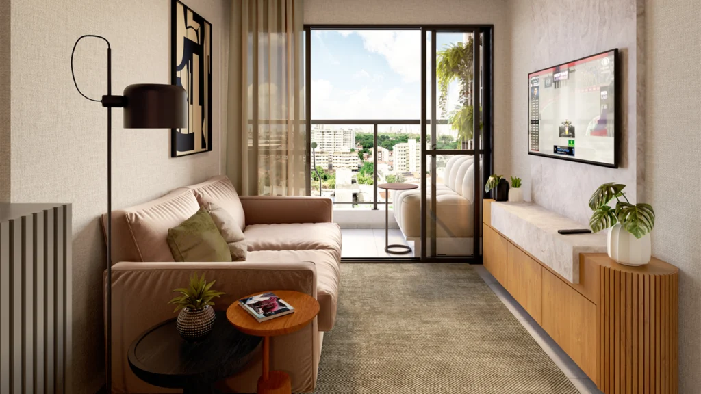 Perspectiva do living de um apartamento no Lumina Fatima.