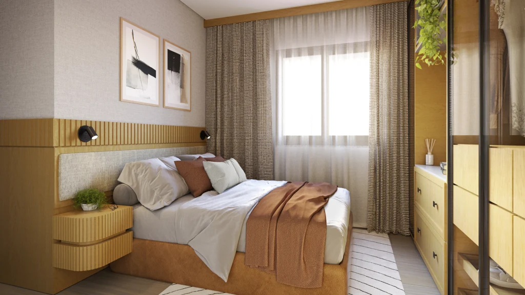 Perspectiva da suíte de um apartamento no Lumina Fatima.